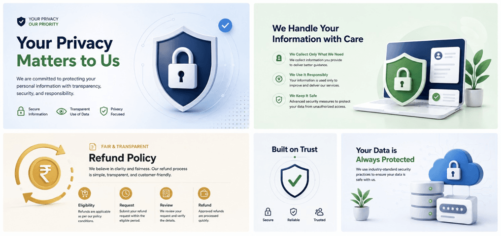 Your privacy matters to us — Consult21 collects only what is needed, handles information responsibly, keeps it safe, and follows a fair and transparent refund process: eligibility, request, review, refund.